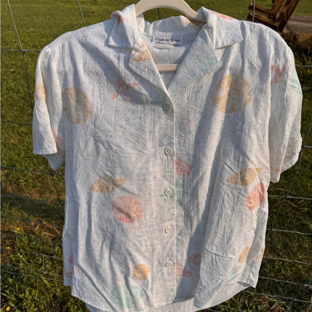 Vintage Beach Seashell button down Women's  Shirt Blouse size 12 Large